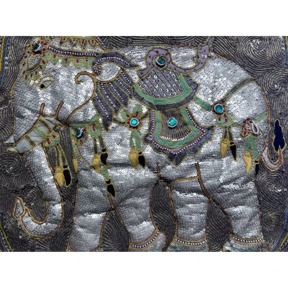 Vintage Kalaga Elephant Tapestry Hand Embroidered Sequin Bead Wall Hanging 35x54